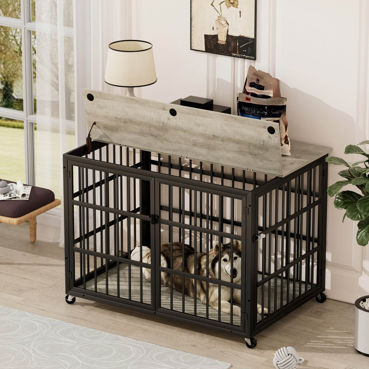 Rustic Brown Furniture Style Dog Crate With Wheels - Sleep Galleria