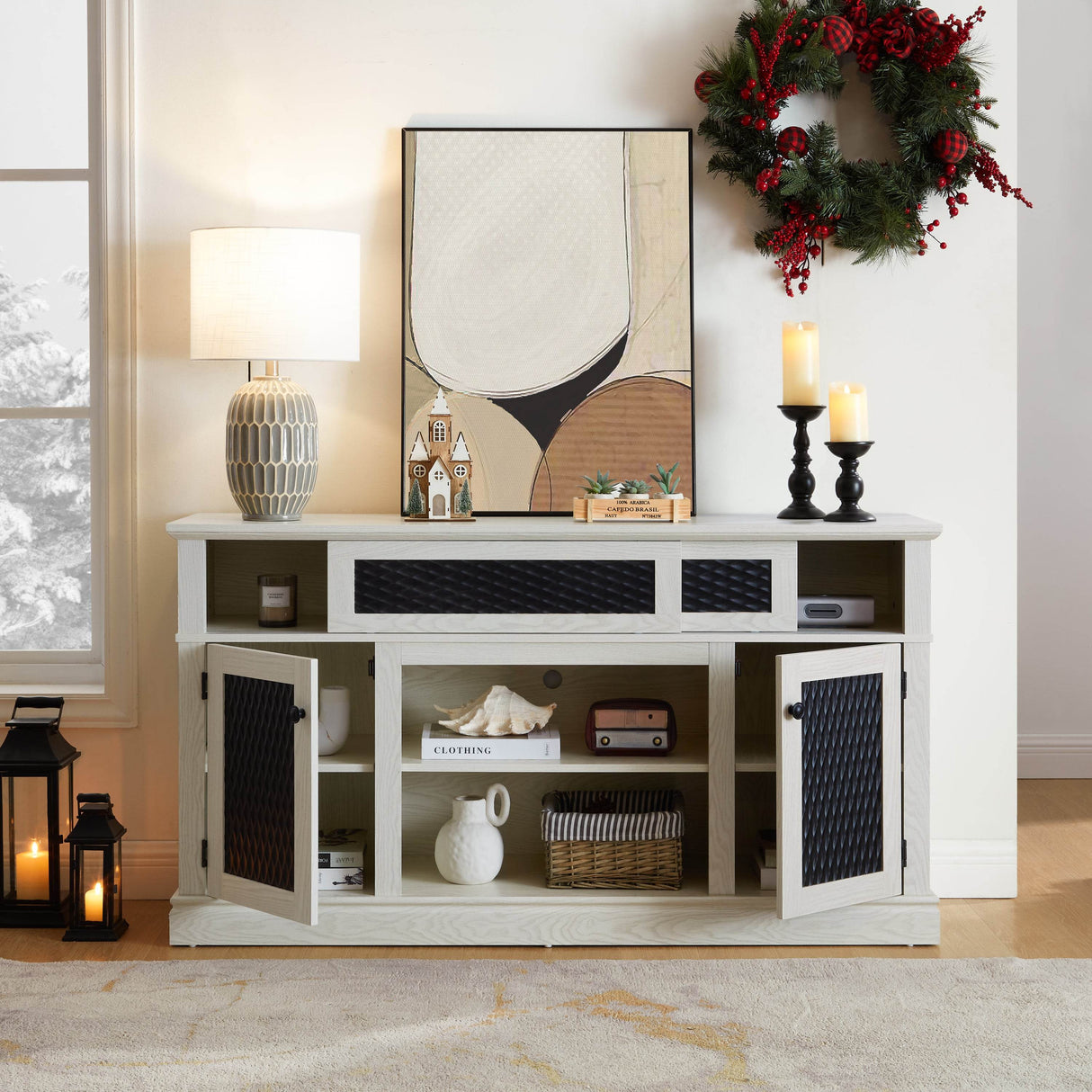 Embossed White MDF TV Stand With Storage and Cord Management - Sleep Galleria
