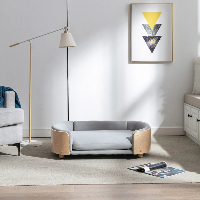 Scandinavian Solid Wood Elevated Pet Sofa Bed With Velvet Cushion - Omega Lifestyles