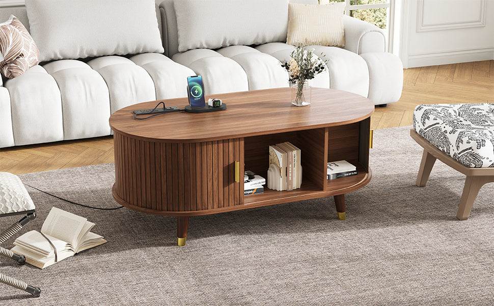 Mid-Century Modern Walnut Coffee Table With Charging Station - Sleep Galleria