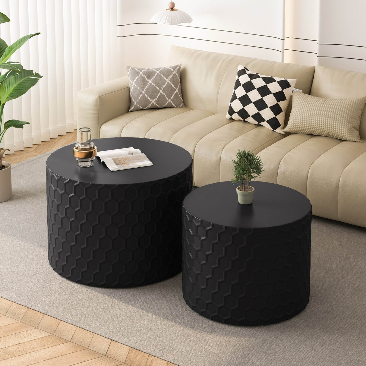 2-Piece Honeycomb Nesting Round MDF Coffee Table Set - Sleep Galleria