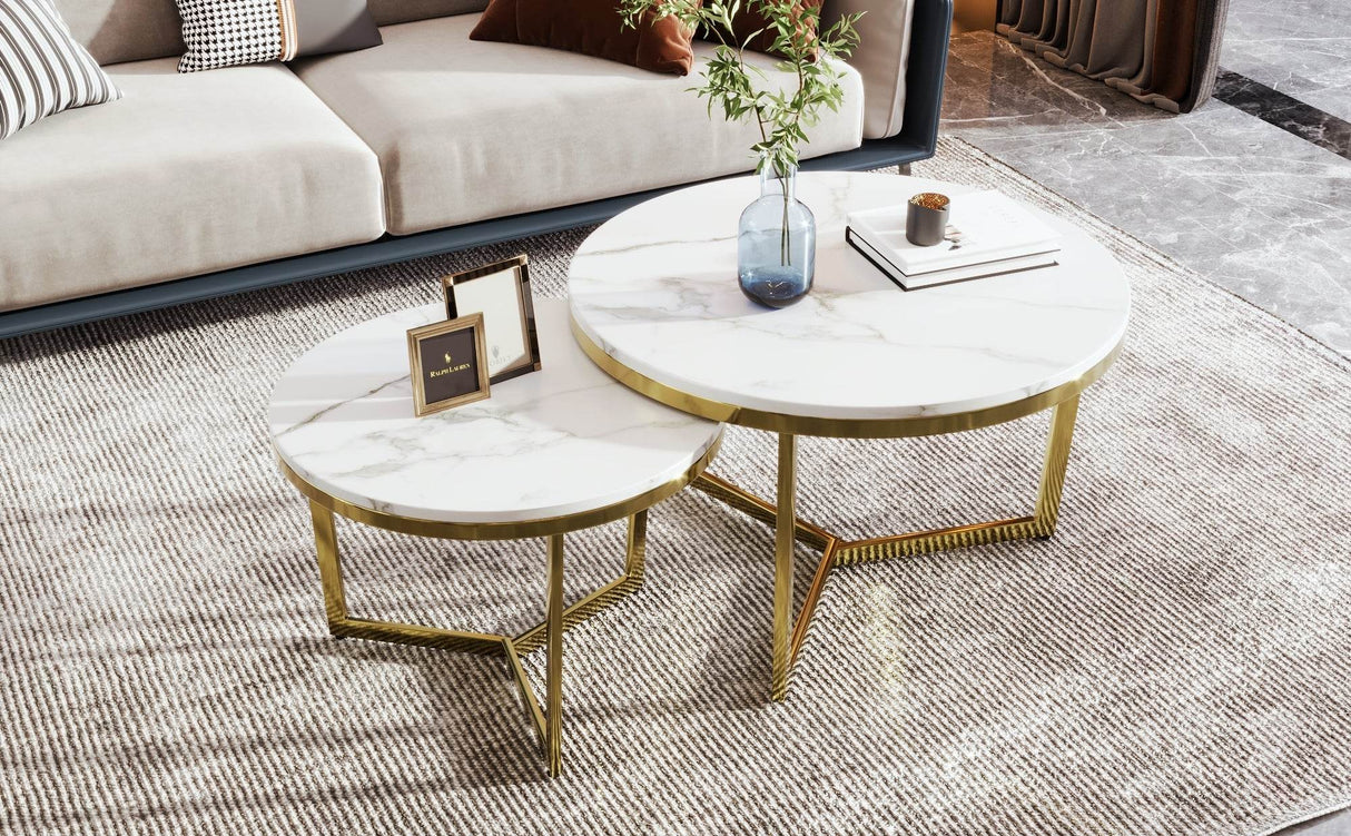 Modern Round Nesting 2-Piece White Marble Coffee Table Set - Sleep Galleria