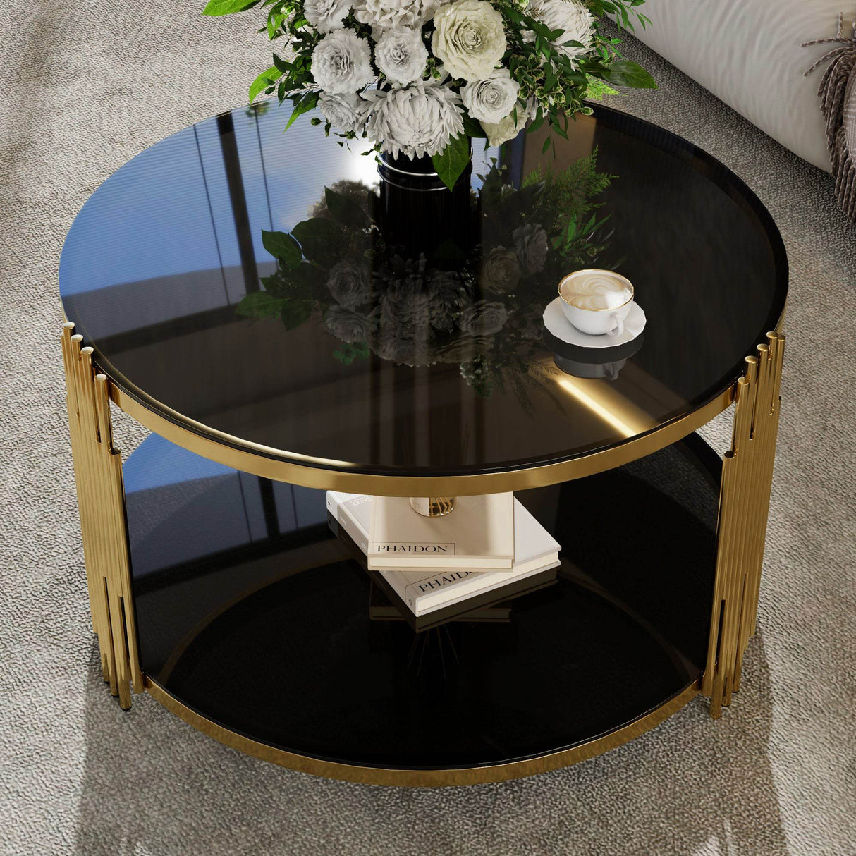 Modern Black Mirror Round Coffee Table With Shelf - Sleep Galleria