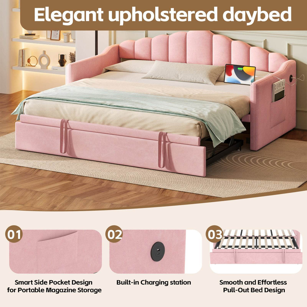 Upholstered Twin Velvet Daybed With Adjustable Trundle And Charging - Omega Lifestyles