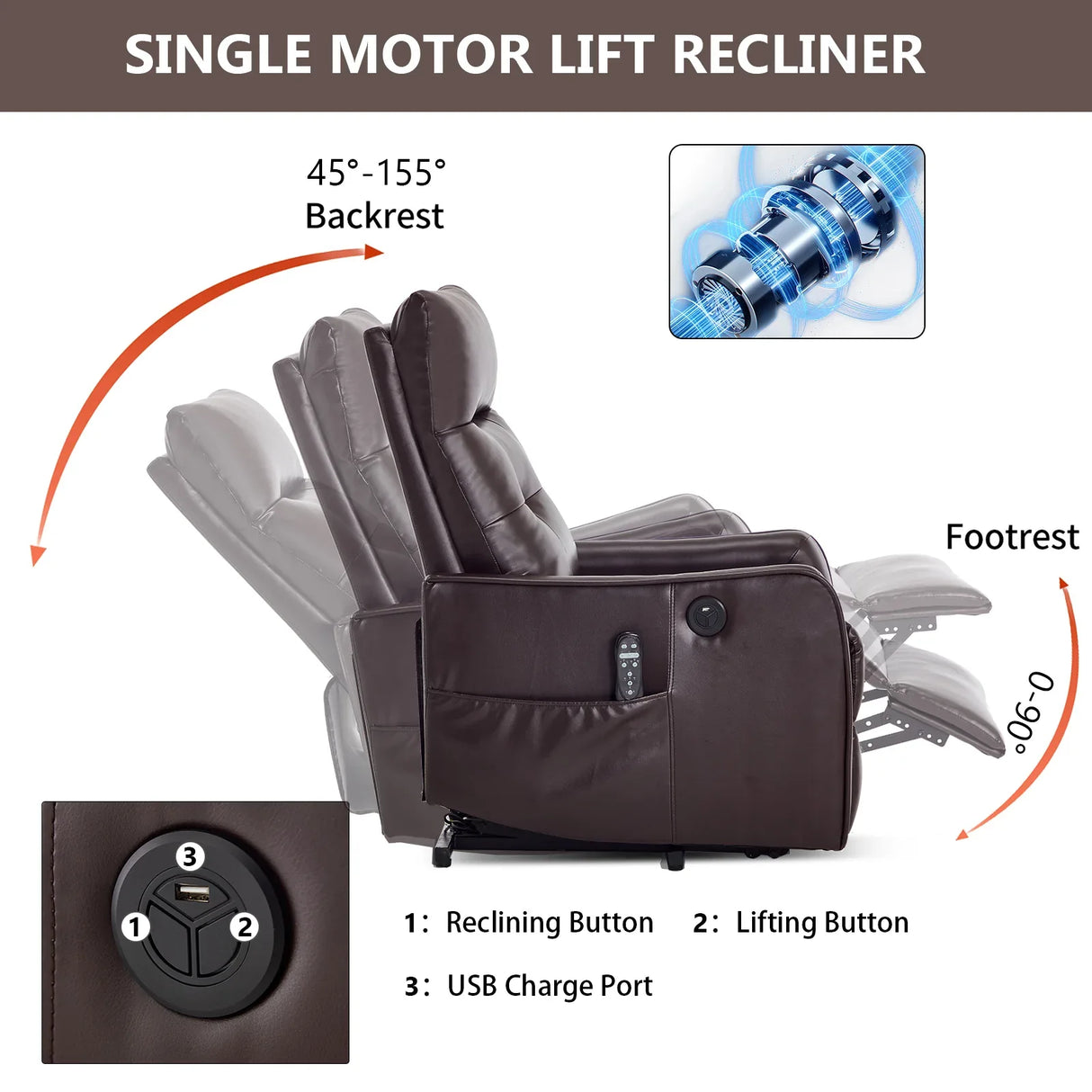 Brown Faux Leather Power Lift Recliner Chair With Massage - Omega Lifestyles
