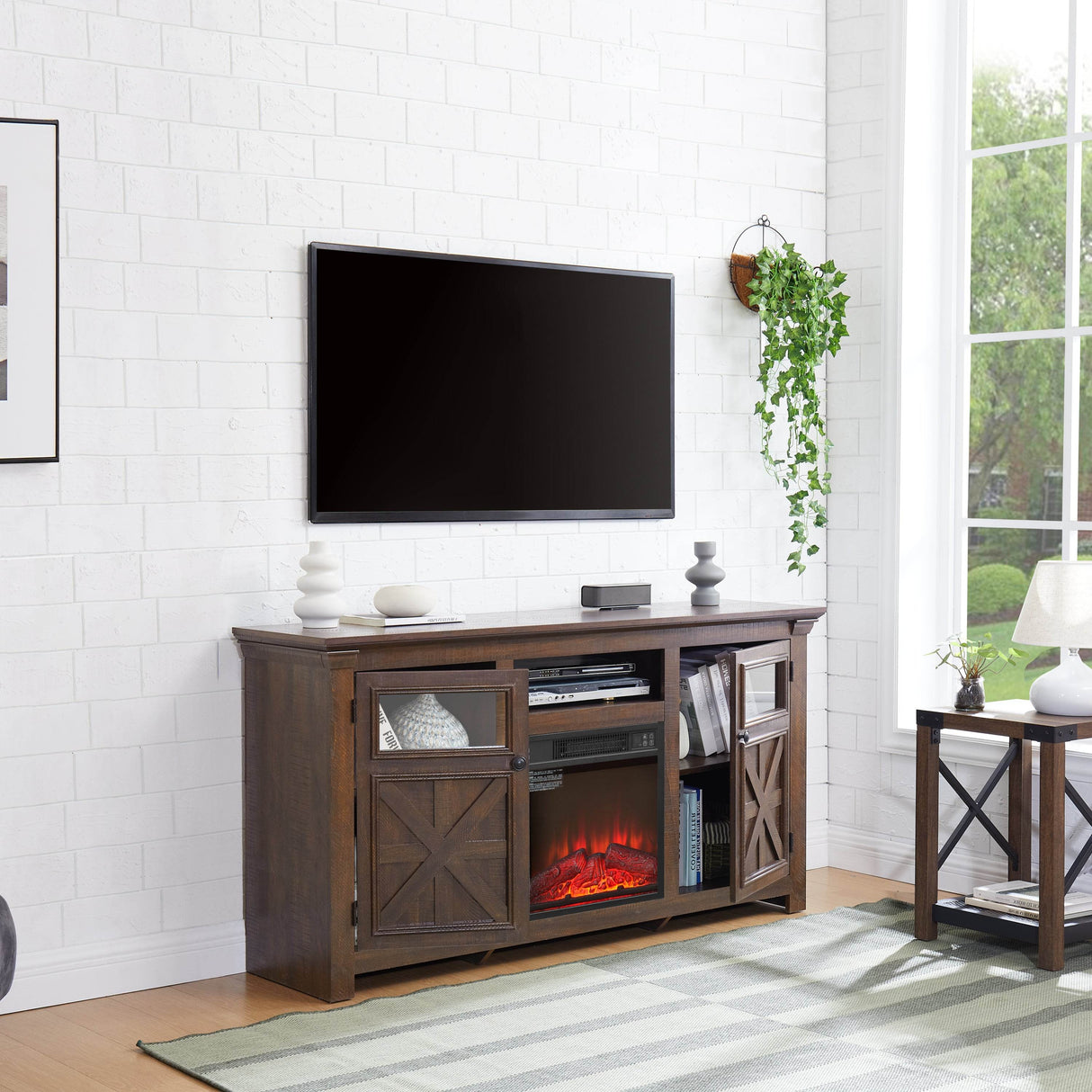 Farmhouse Espresso TV Stand With Fireplace Insert - Sleep Galleria