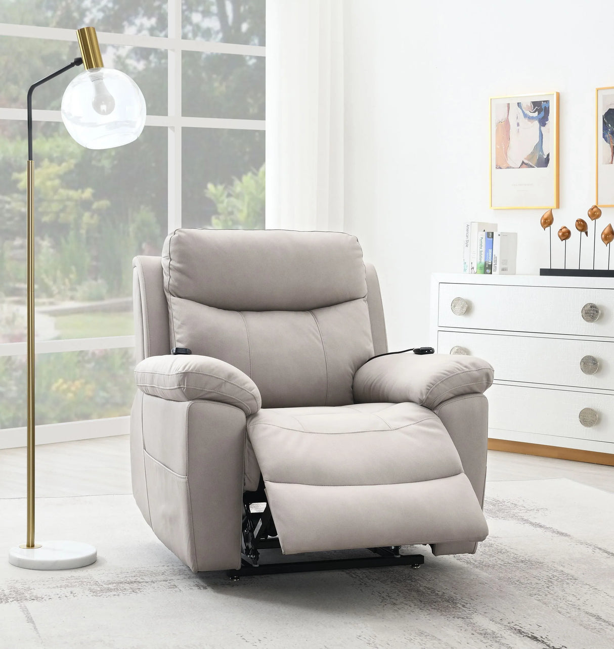 Light Gray Polished Microfiber Power Lift Heating Massage Chair - Omega Lifestyles