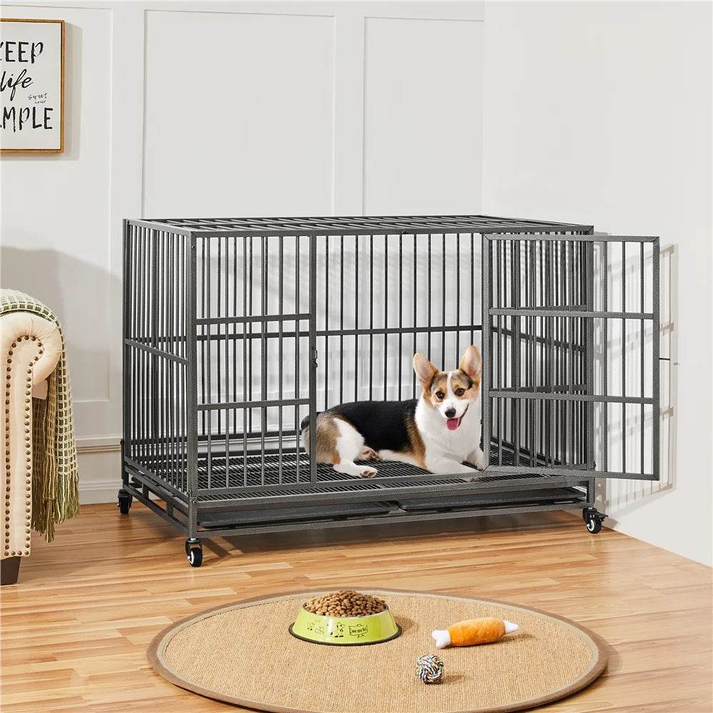 48-Inch Indestructible Rolling Dog Crate with Open-Top Design, Black