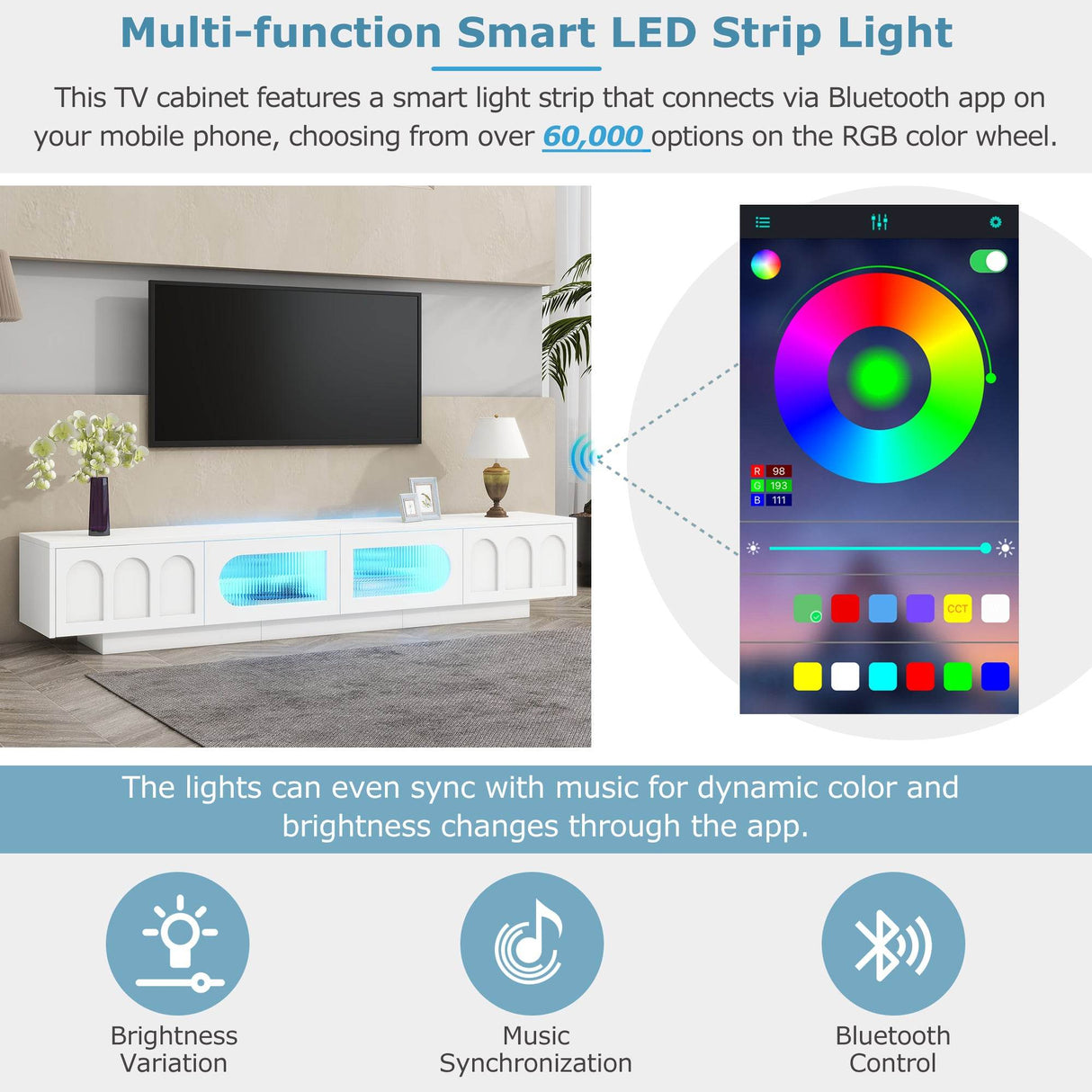 Smart LED White TV Stand With Storage Cabinets - Sleep Galleria