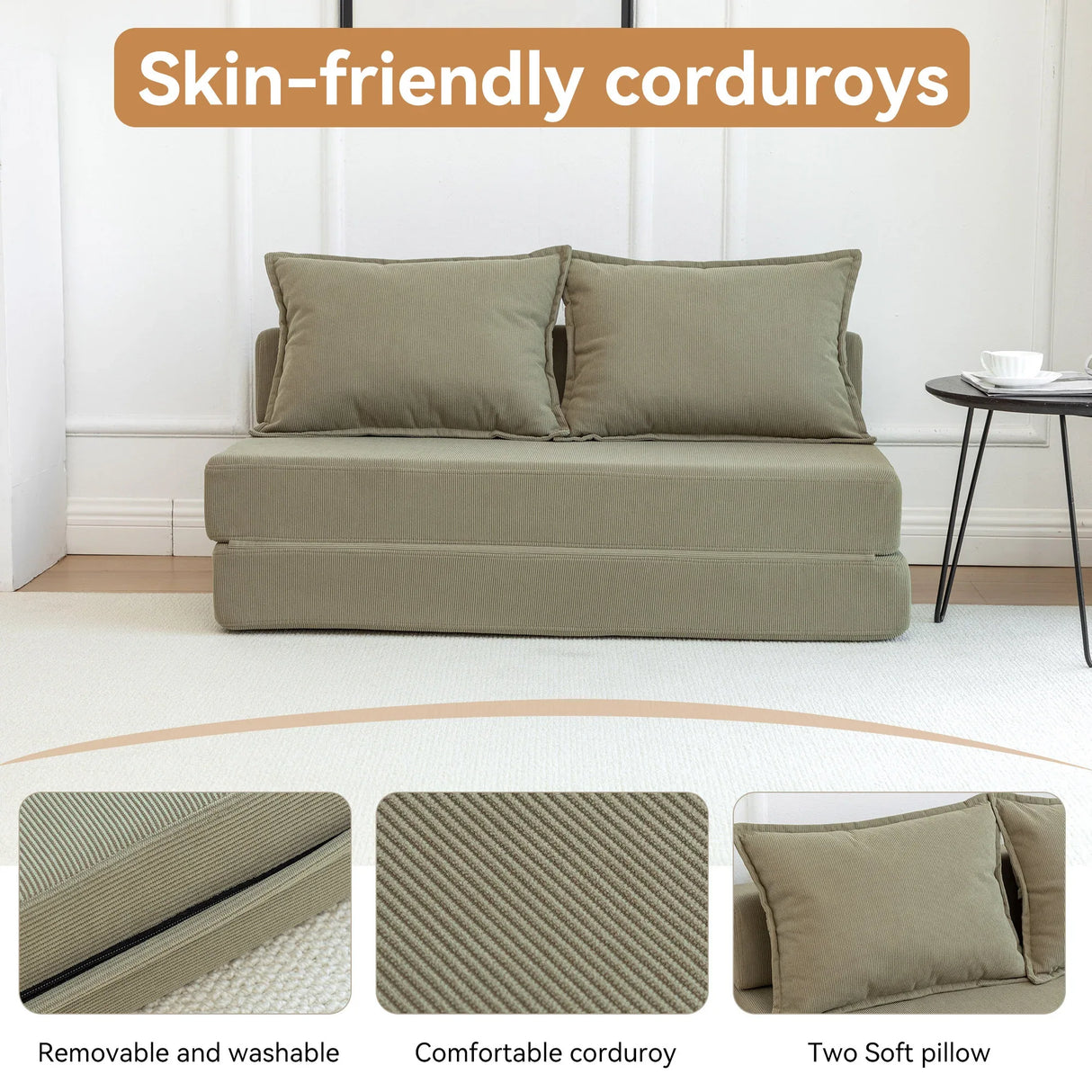 Foldable Corduroy 2-Seat Sofa Bed With Mattress - Omega Lifestyles