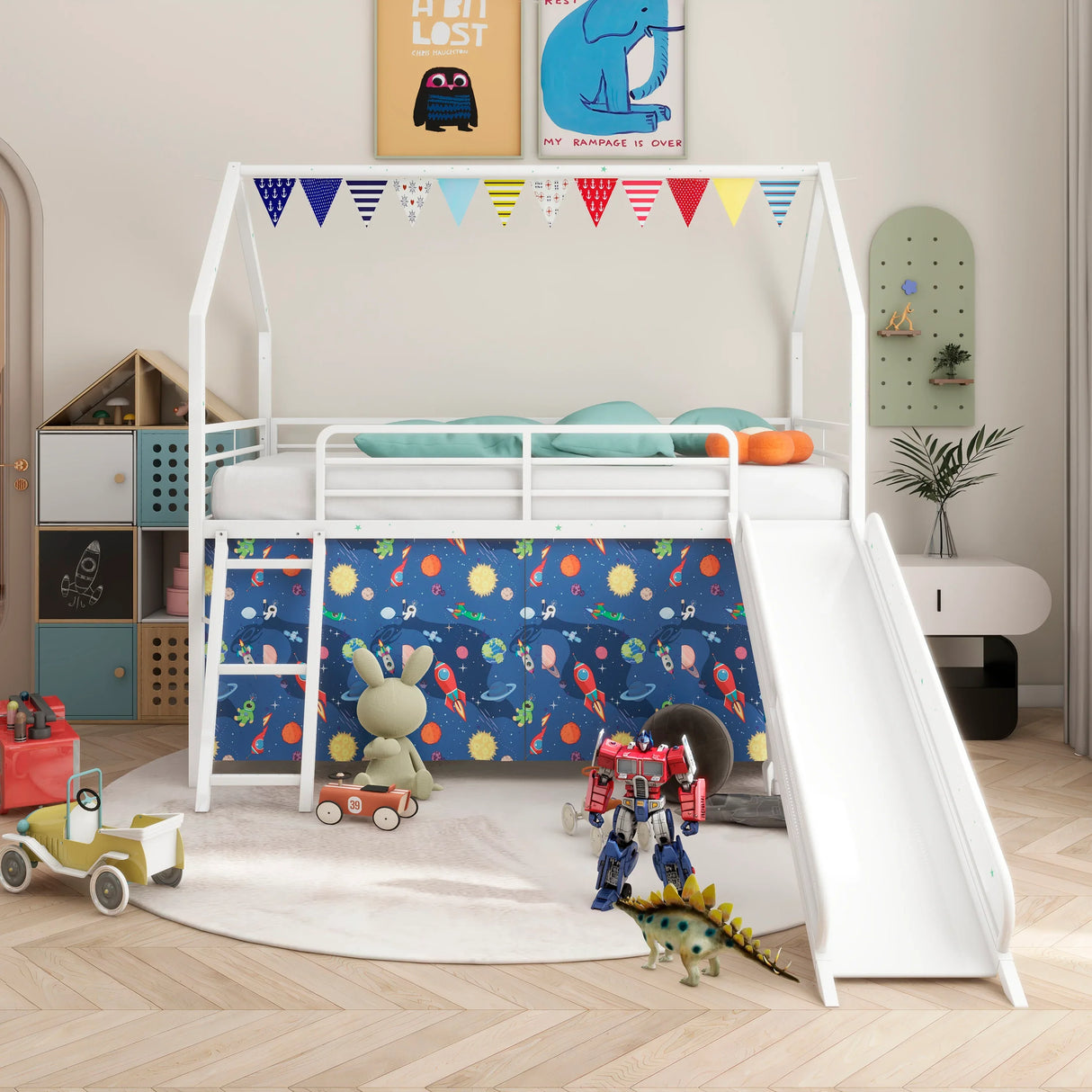 Twin Metal Junior House Loft Bed With Slide And Curtain Set - Omega Lifestyles