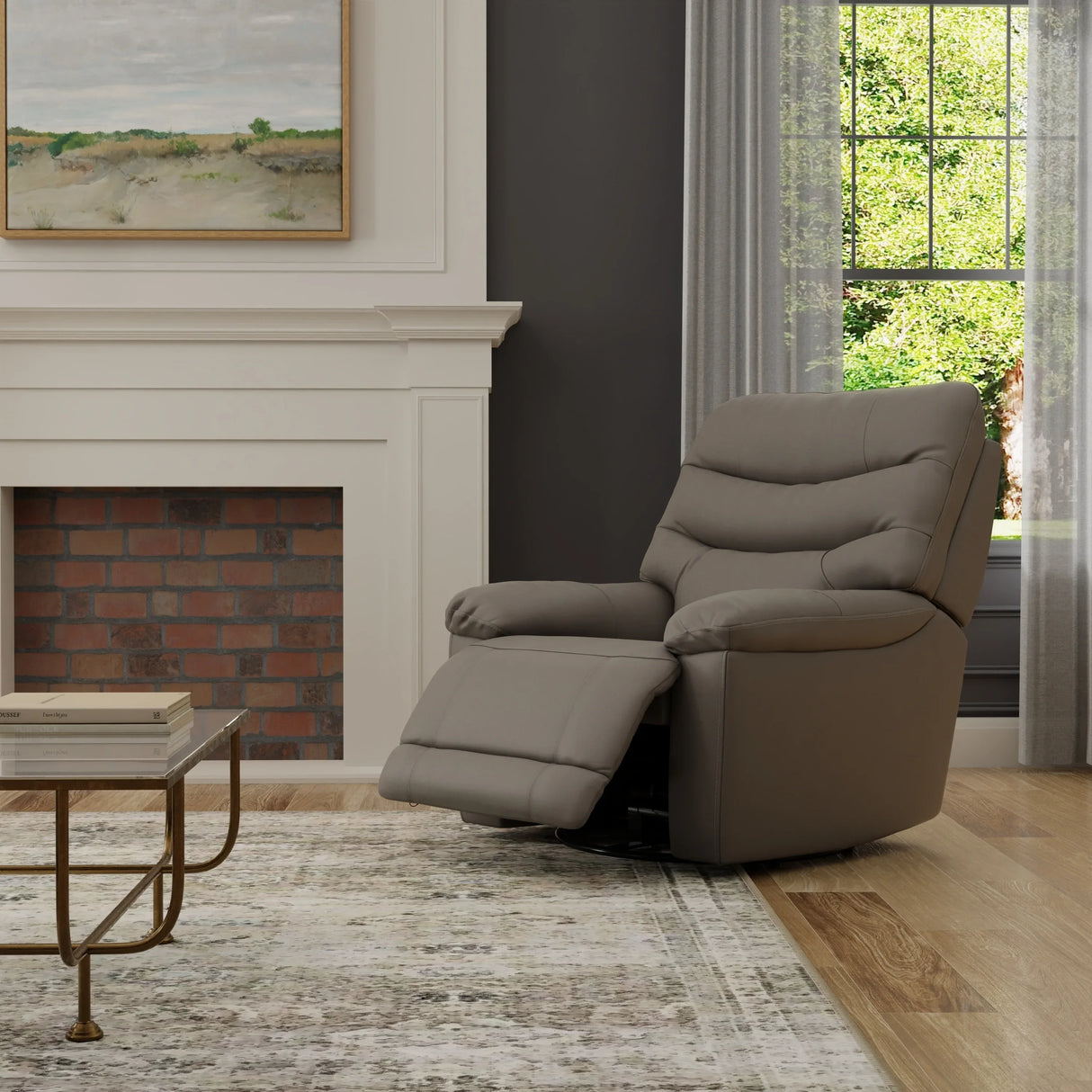 Light Gray Top Grain Leather Swivel Glider Recliner - Omega Lifestyles