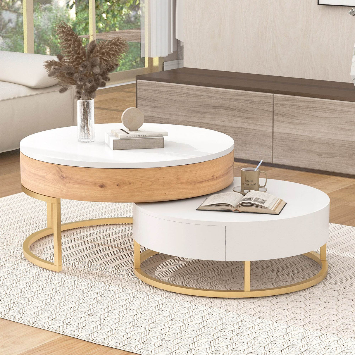 Modern Round Lift-Top Nesting Coffee Tables With Drawers - Sleep Galleria