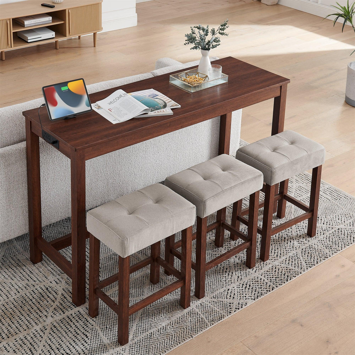 4-Piece Cherry Wood Bar Table Set With Power Outlets - Omega Lifestyles