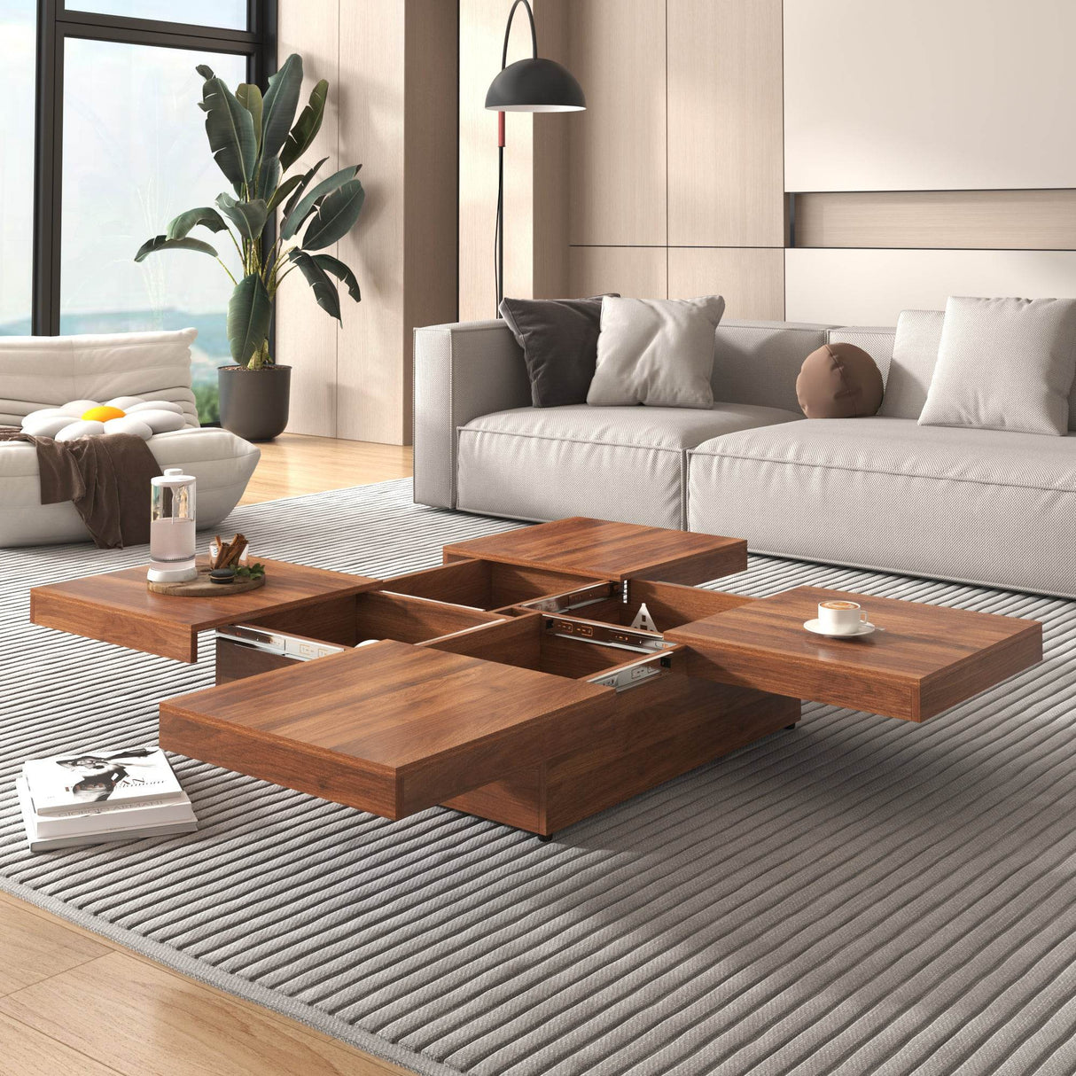 Square Walnut Veneer Coffee Table With Sliding Storage - Sleep Galleria