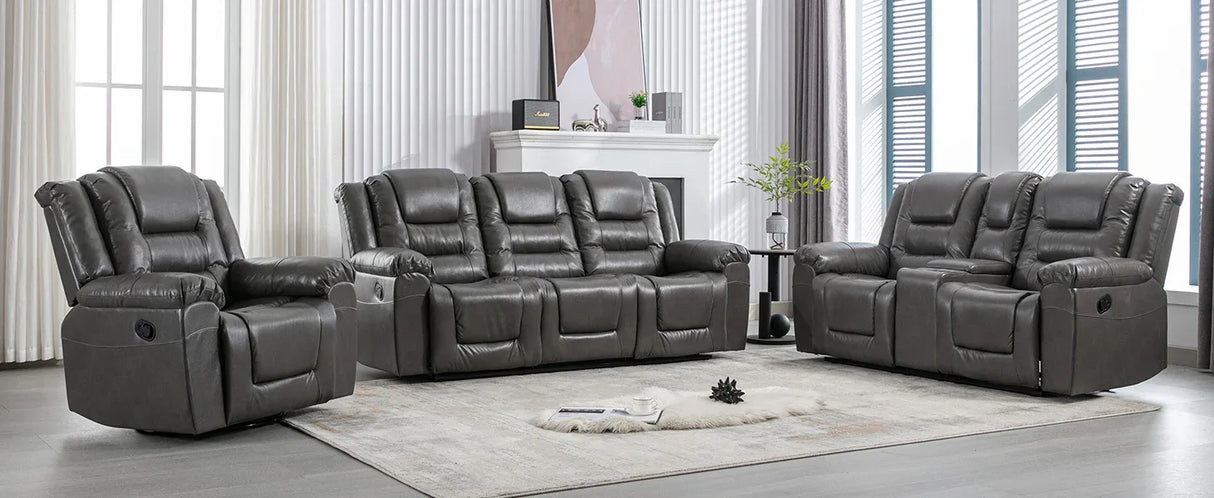 Grey Manual PU Upholstered Home Theater Recliner Chair Set - Omega Lifestyles