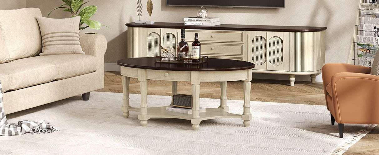 Vintage Oval Coffee Table With Drawer And Storage Shelf - Sleep Galleria
