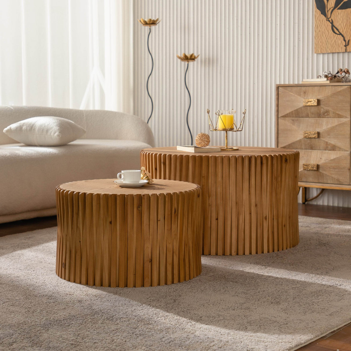 Vintage Style Natural Wood 2-Piece Round Coffee Table Set - Sleep Galleria