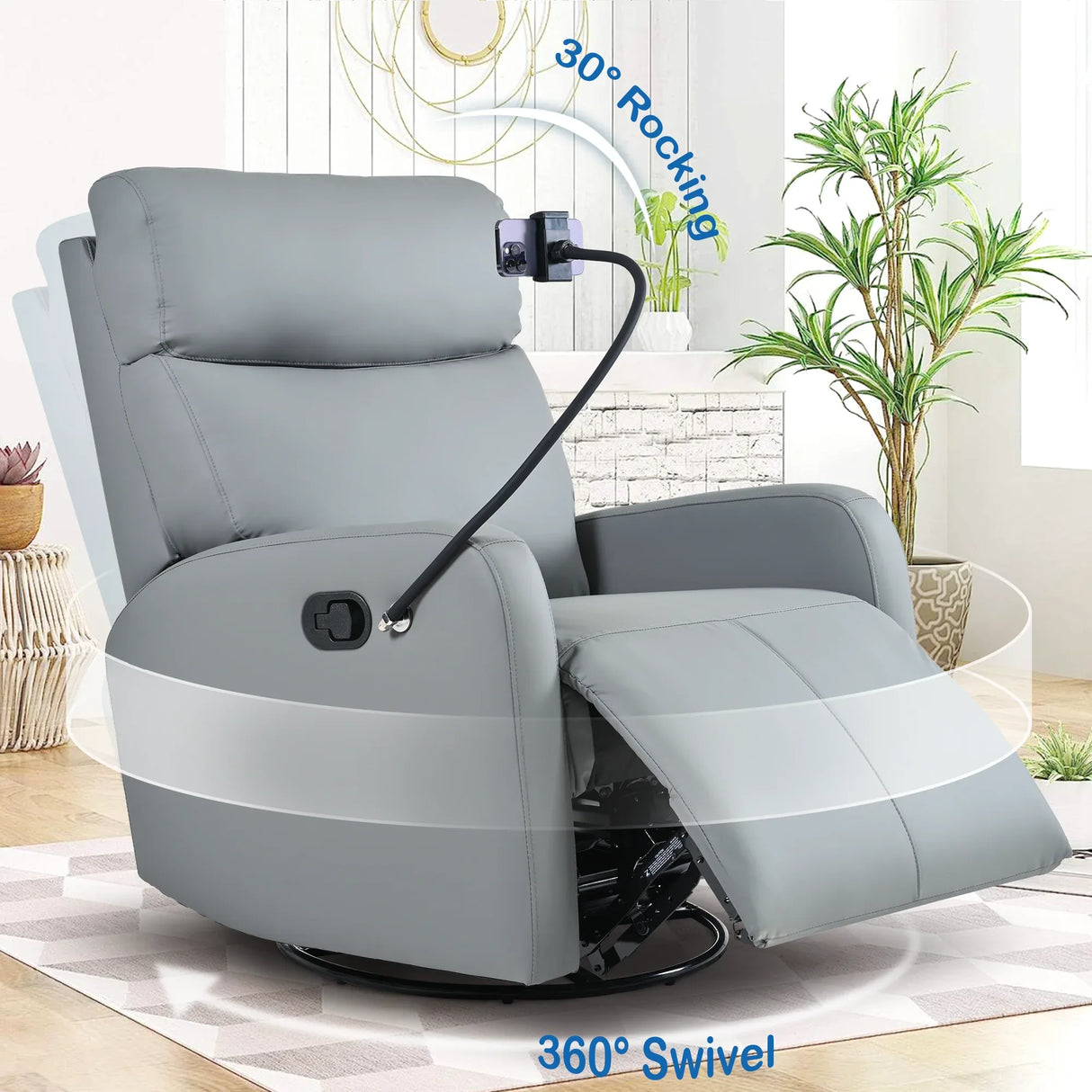Modern Blue Gray PU Swivel Rocker Recliner Chair - Omega Lifestyles
