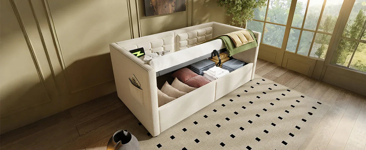 Twin Beige Velvet Upholstered Hydraulic Storage Bed Frame - Omega Lifestyles