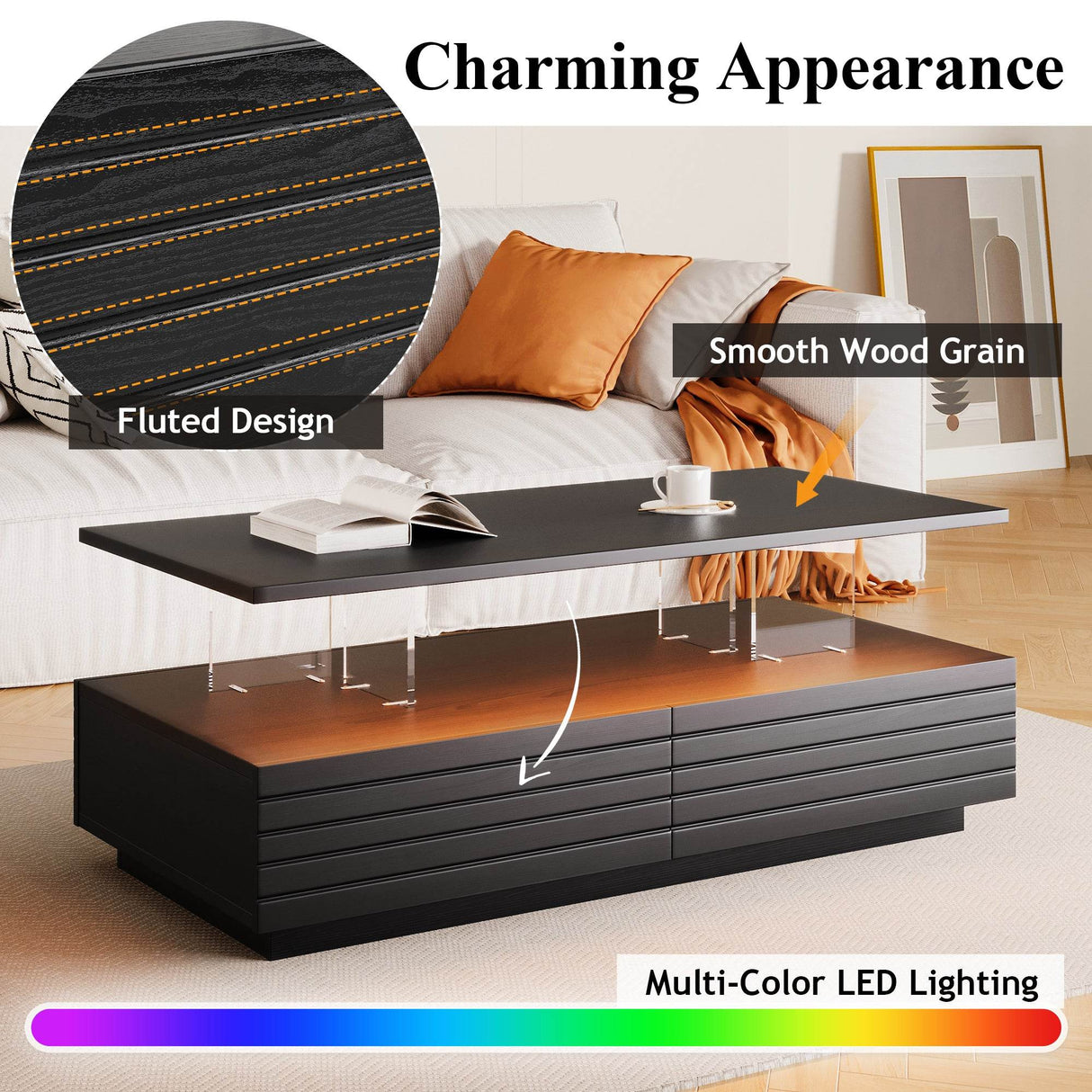 Modern Rectangular MDF Coffee Table With LED Lights - Sleep Galleria