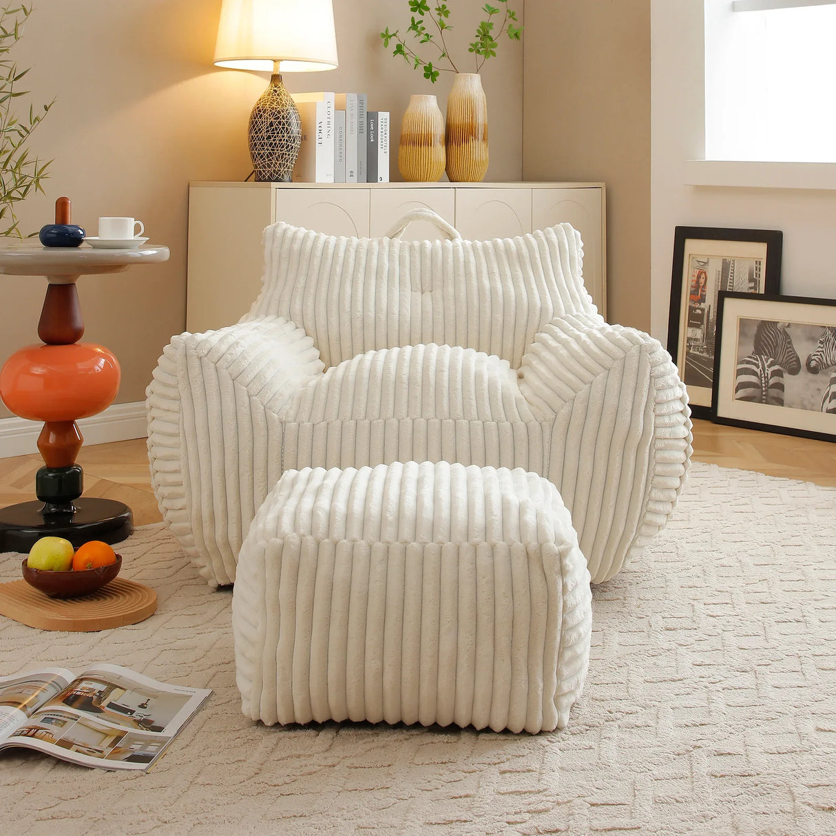 Giant Corduroy Bean Bag Chair With Armrests Footstool - Omega Lifestyles