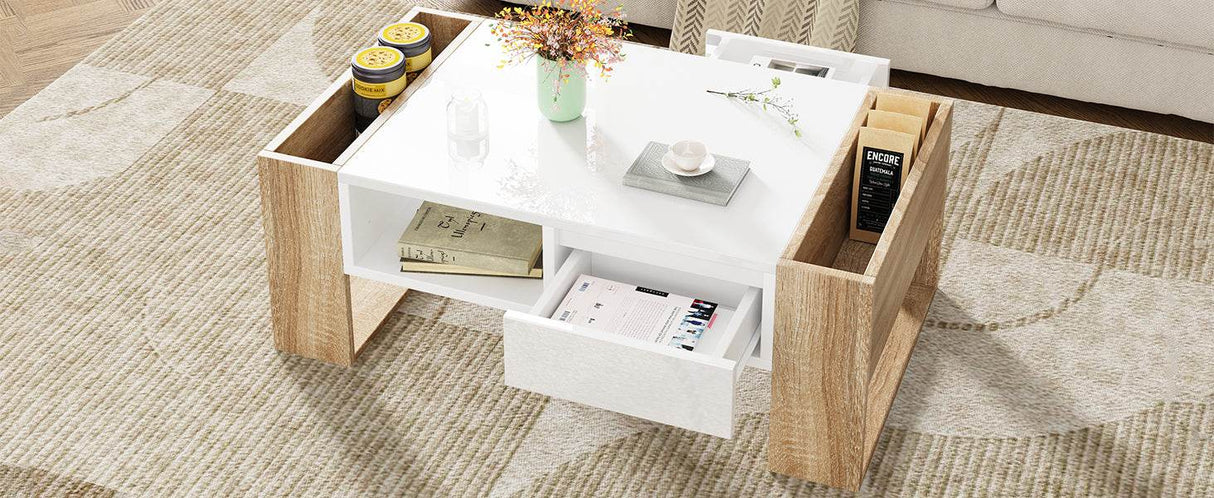 High Glossy White Coffee Table With Drawers - Sleep Galleria