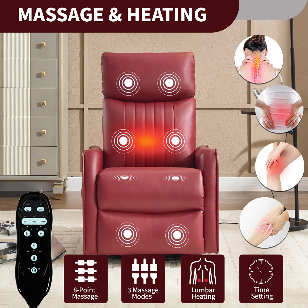 Red Faux Leather Medium-Firm Heat Massage Recliner Chair - Omega Lifestyles