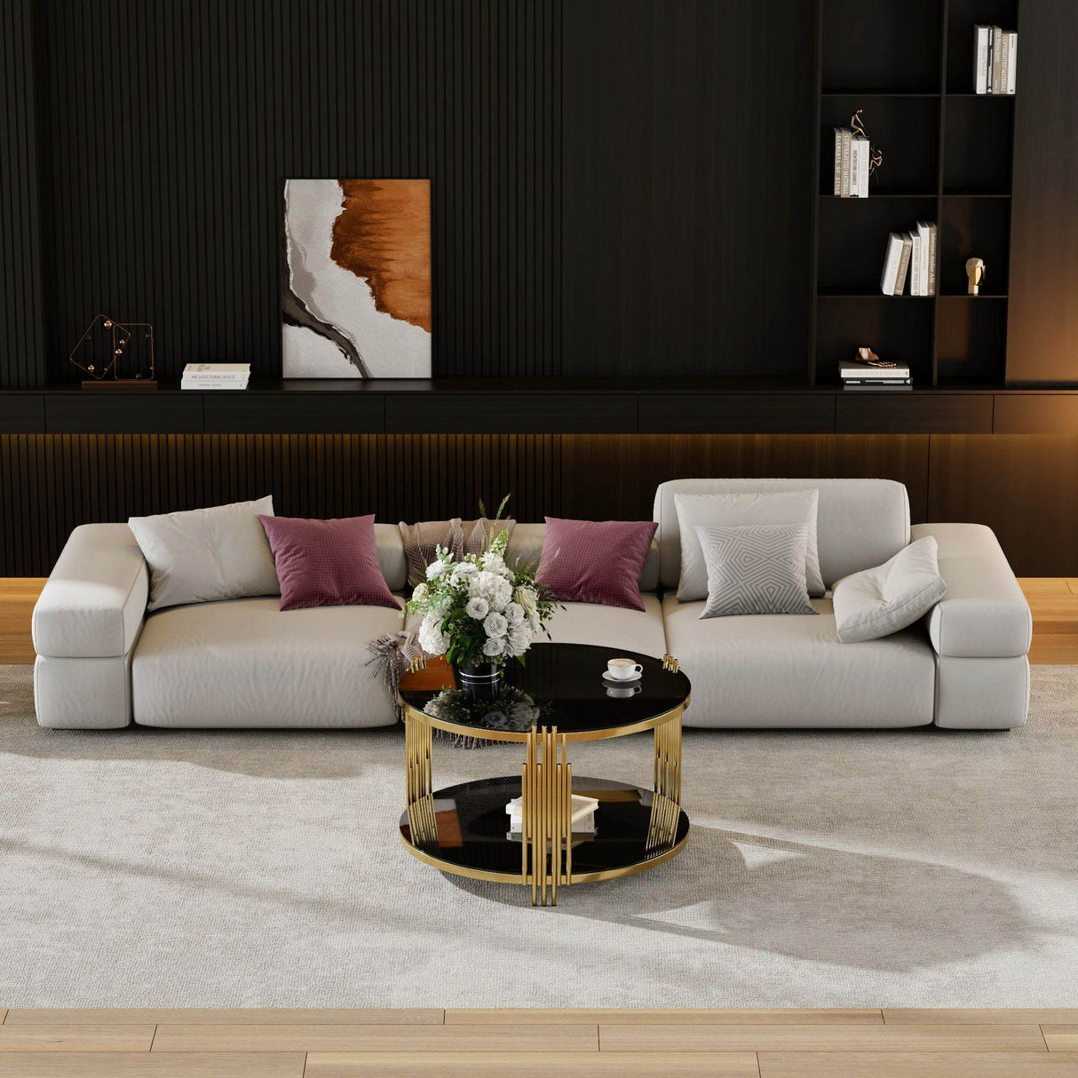 Modern Black Mirror Round Coffee Table With Shelf - Sleep Galleria