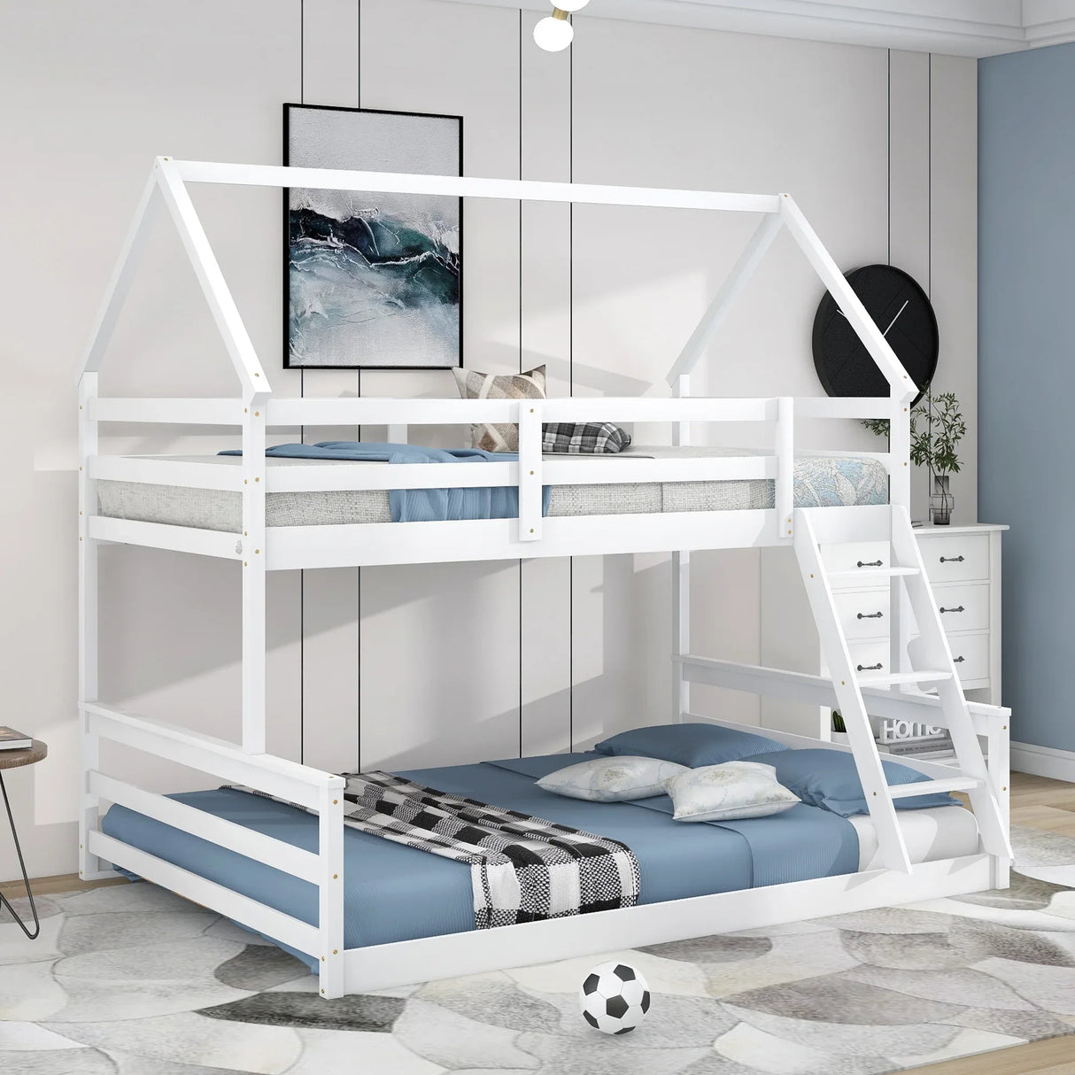 Twin Over Full Pine Wood House Bunk Bed With Ladder - Omega Lifestyles