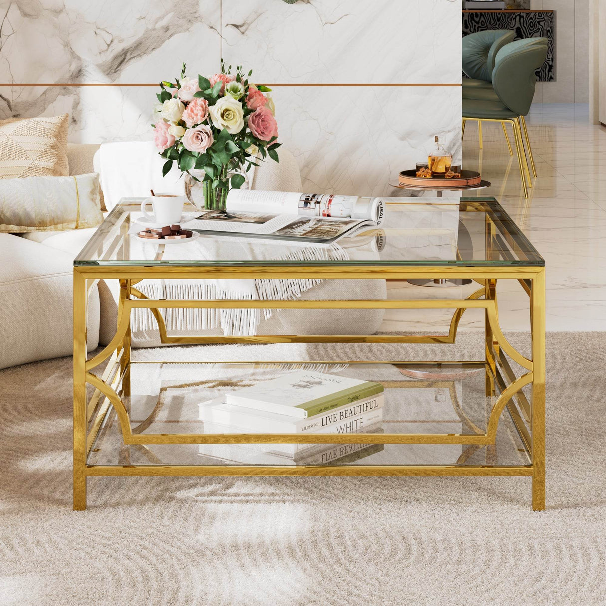 Square Tempered Glass Coffee Table With Gold Frame - Sleep Galleria