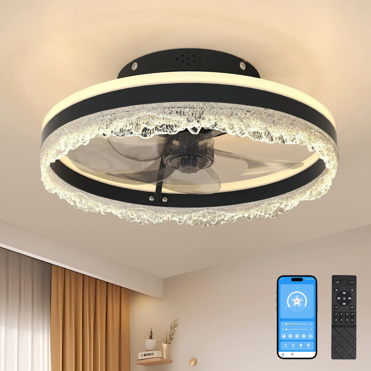 Quiet 16-Inch LED Crystal Flush Mount Ceiling Fan - Omega Lifestyles