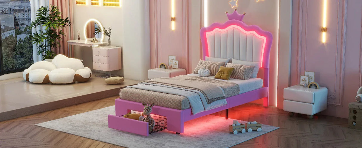 Twin Upholstered Bed Frame With LED Lights And Storage - Omega Lifestyles