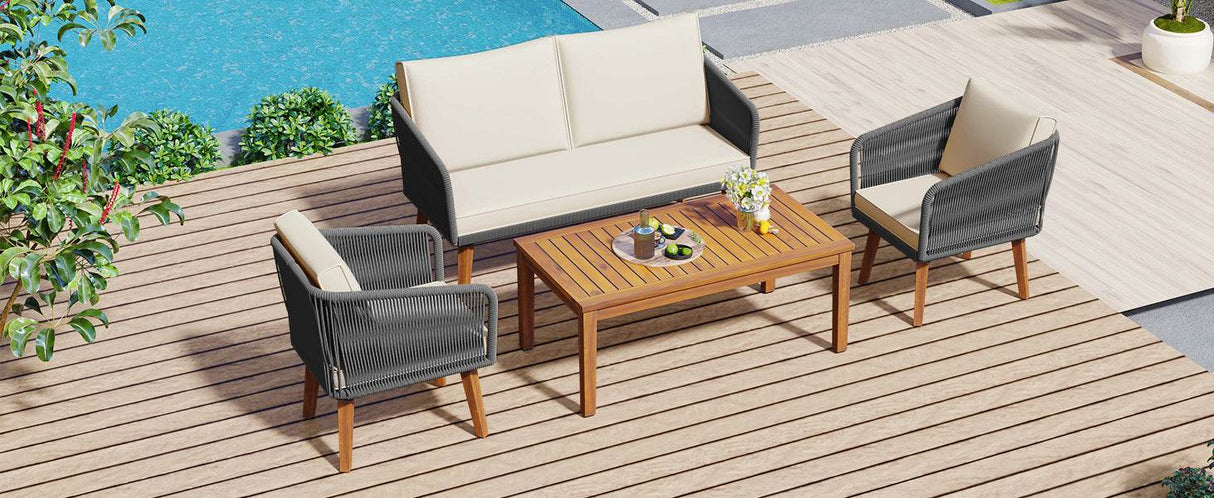 4-Piece Mid-Century Modern Woven Rope Patio Furniture Set - Omega Lifestyles