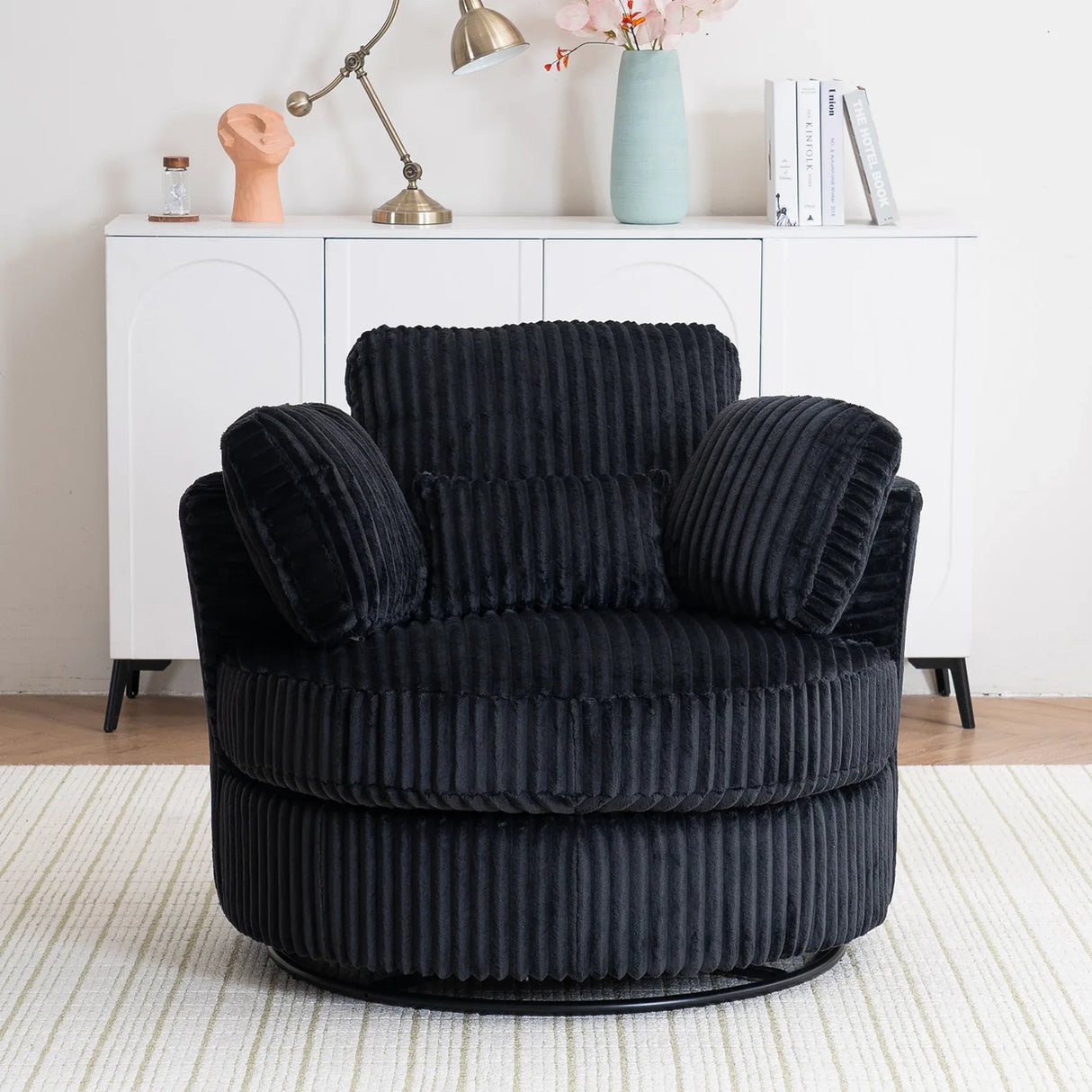 360-Degree Swivel Plush Corduroy Accent Chair With Pillows - Omega Lifestyles