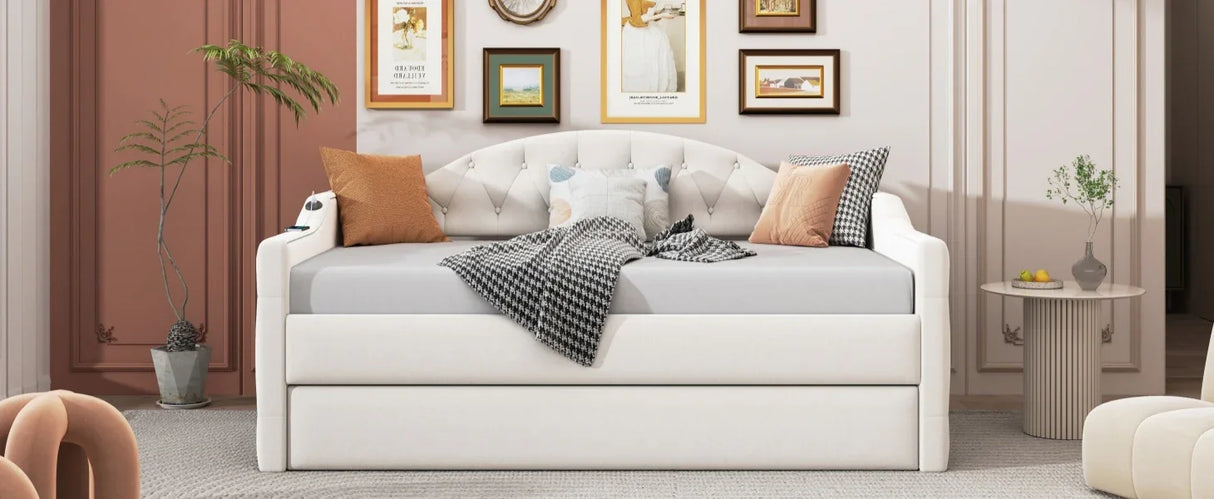 Twin Velvet Tufted Upholstered Daybed With Trundle And USB Charging - Omega Lifestyles