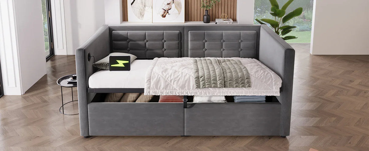 Twin Gray Velvet Upholstered Hydraulic Storage Daybed With USB Charging - Omega Lifestyles