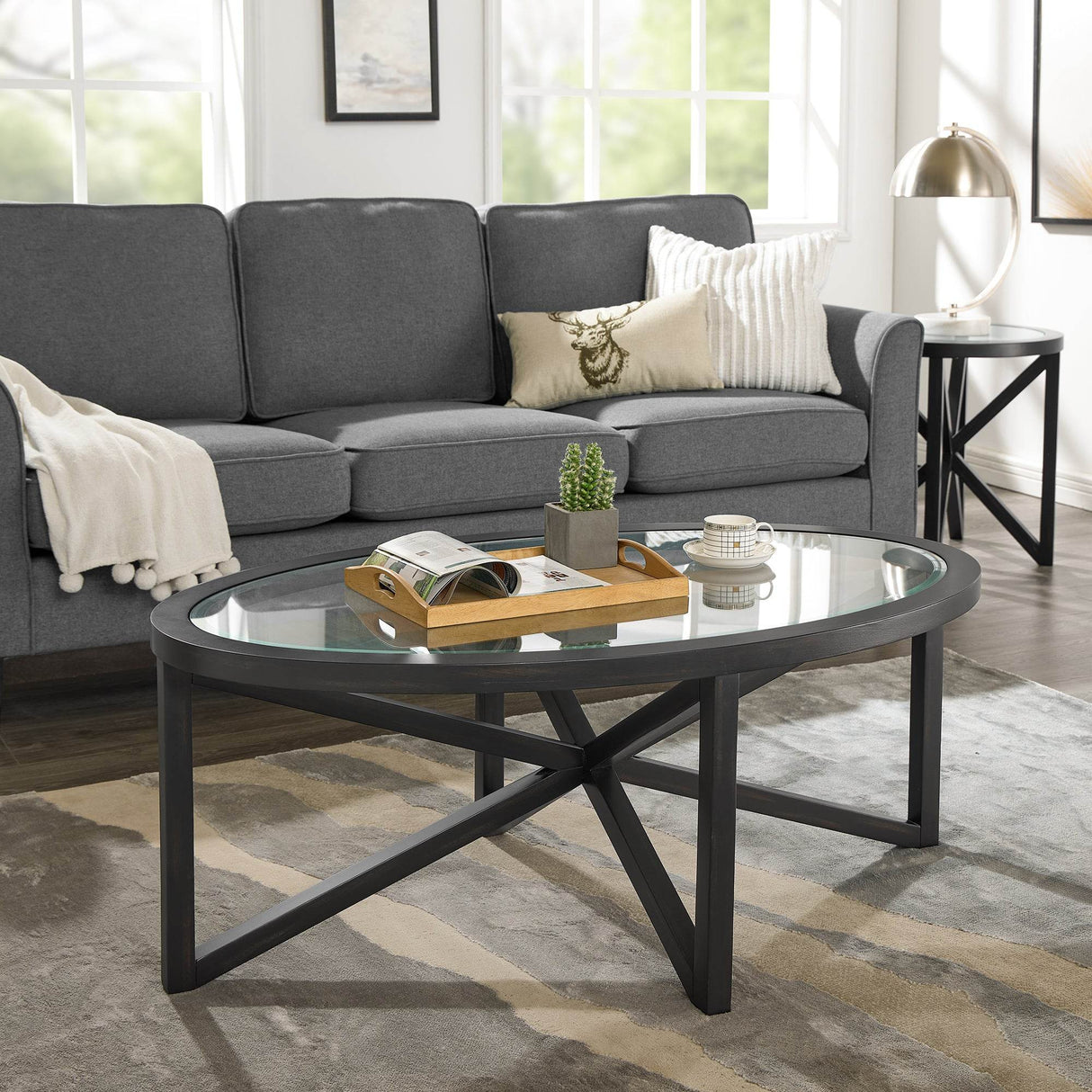 Modern Round Tempered Glass Coffee Table With Wood Base - Sleep Galleria
