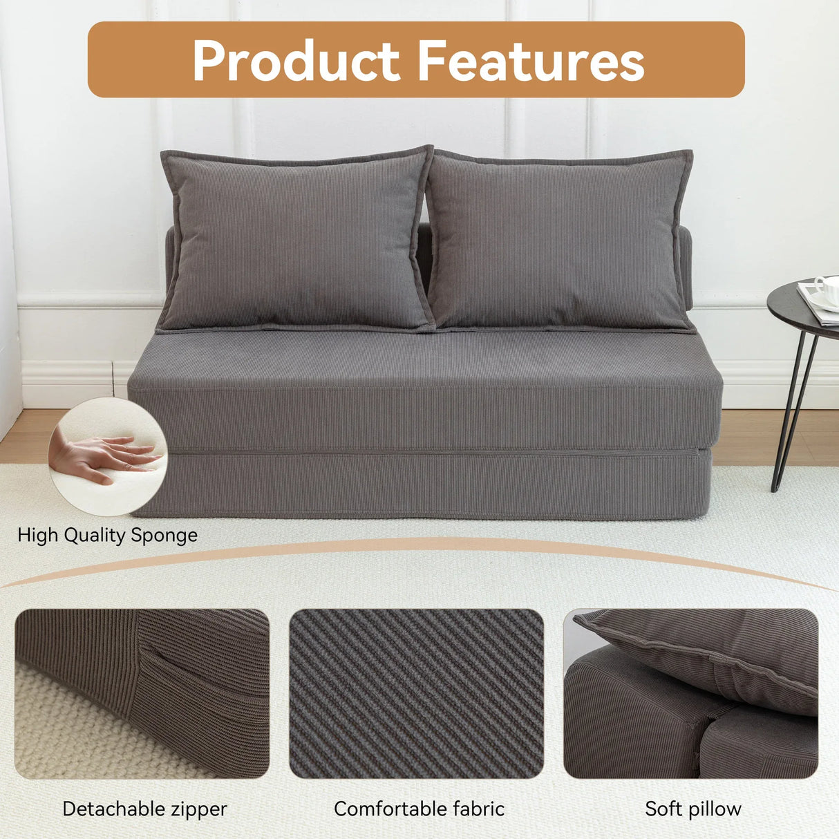 Foldable Corduroy 2-Seat Sofa Bed With Lumbar Pillow - Omega Lifestyles
