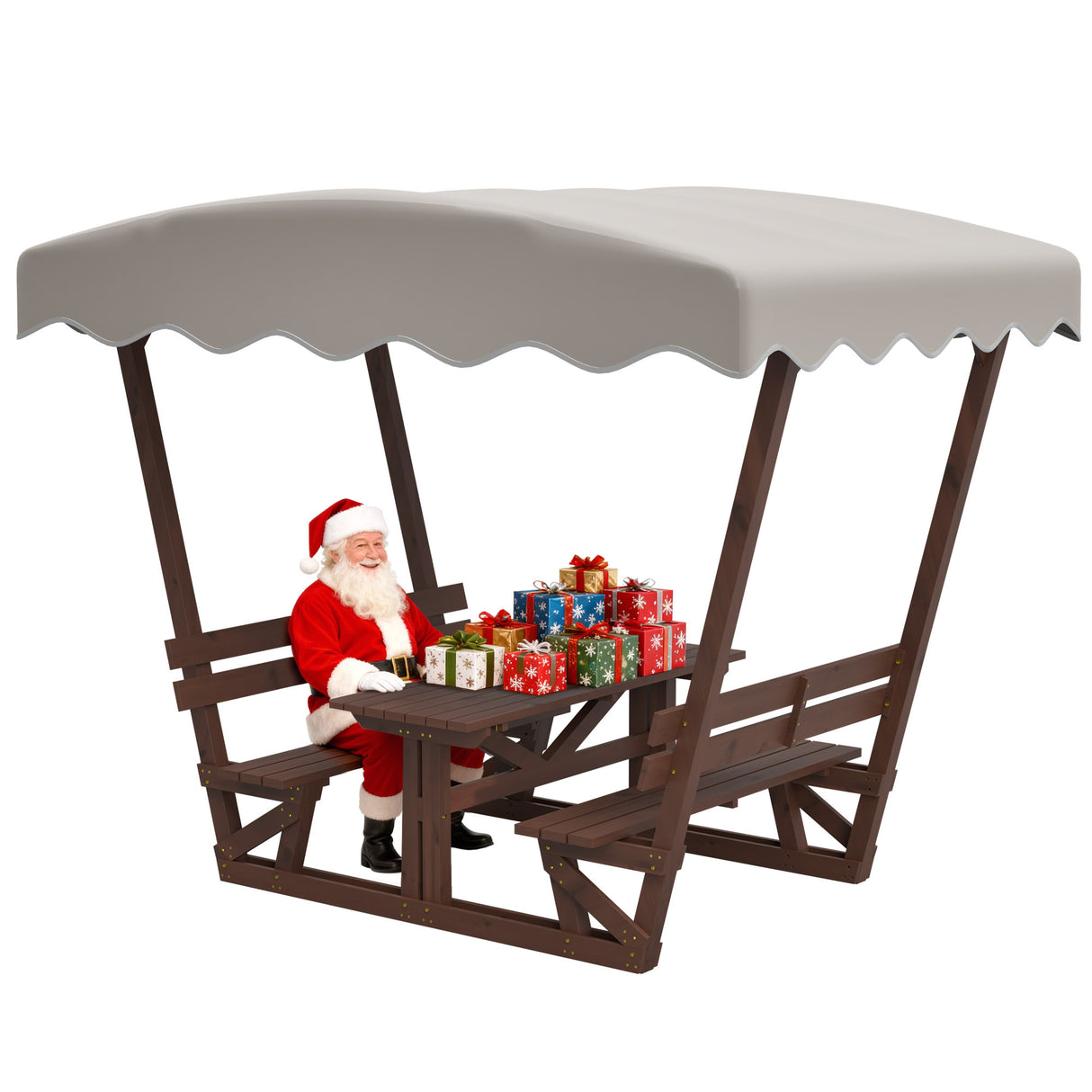 Solid Wood Outdoor Picnic Table And Bench Set With Canopy