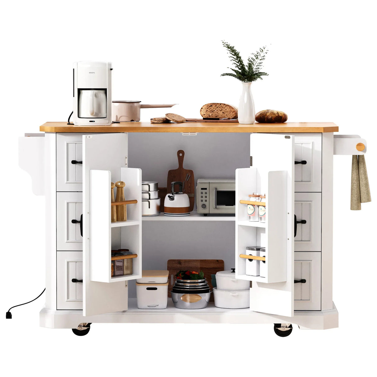 Rustic White Rubber Wood Rolling Kitchen Island Cart - Omega Lifestyles
