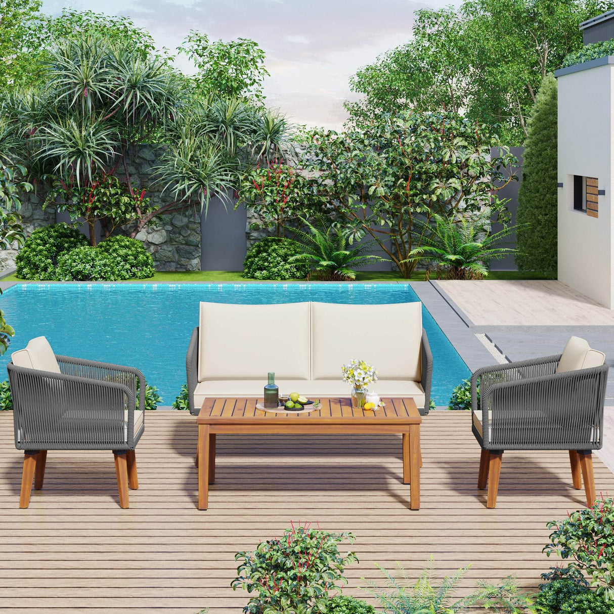 4-Piece Mid-Century Modern Woven Rope Patio Furniture Set - Omega Lifestyles