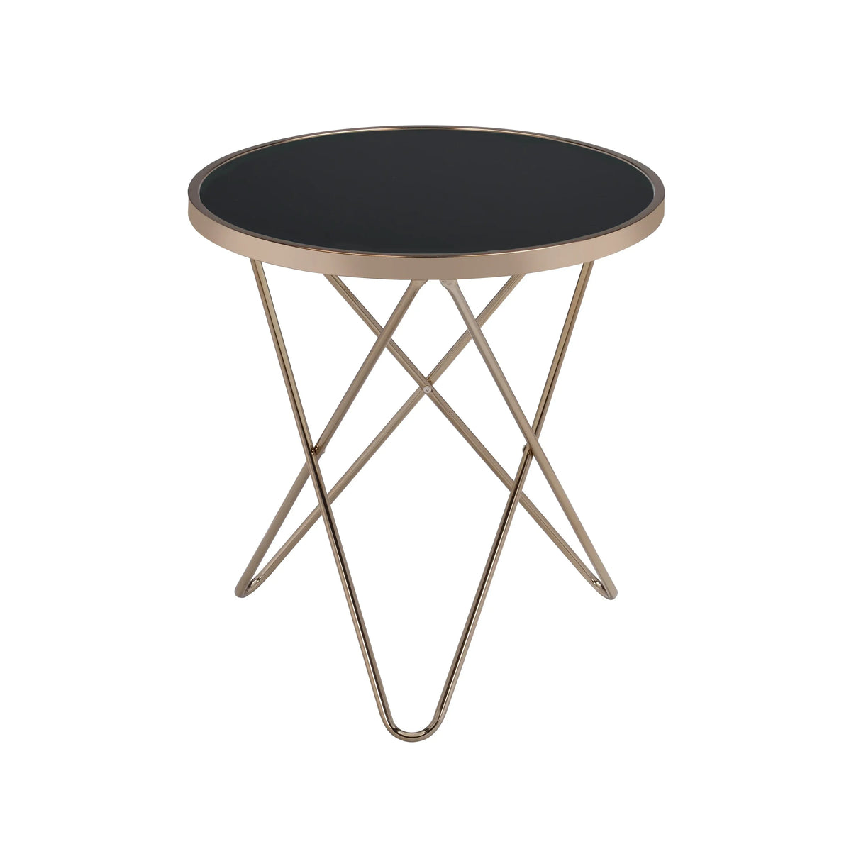 Black Glass Metal Round End Table Champagne Finish - Omega Lifestyles