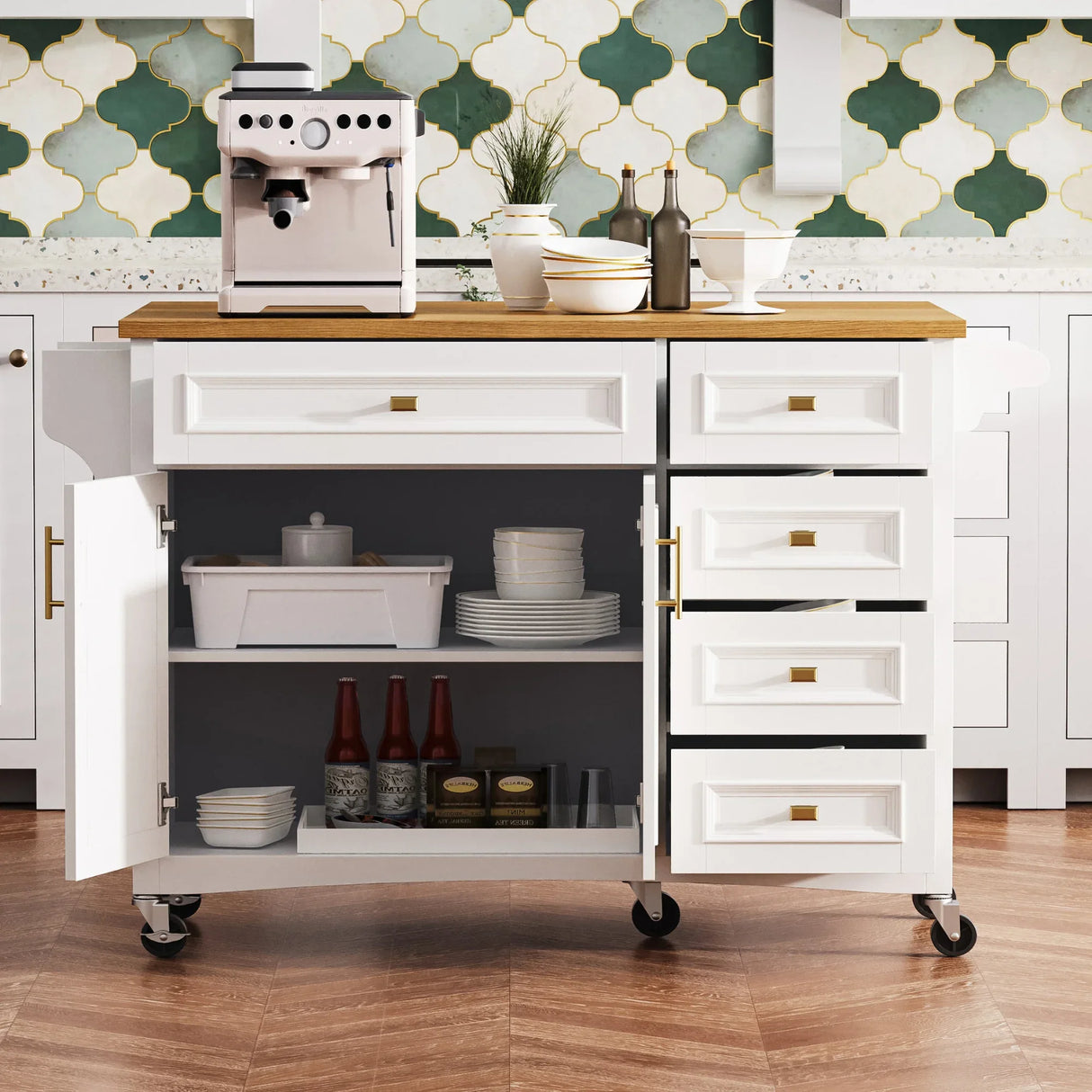 Classic Vintage Embossed White Kitchen Island On Wheels - Omega Lifestyles
