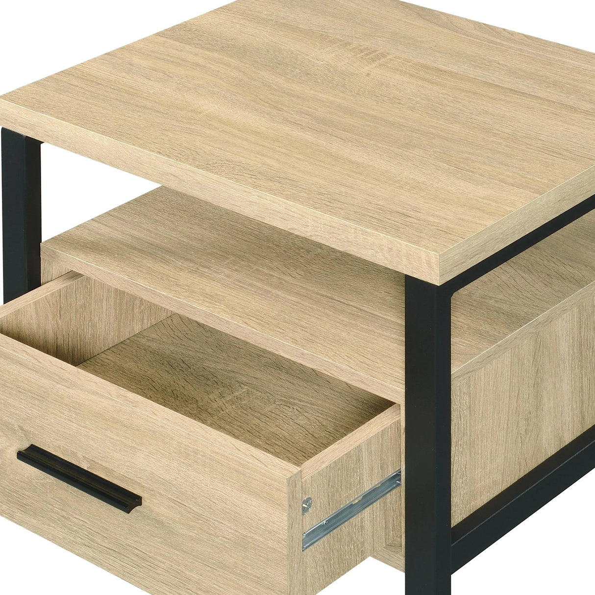 Oak Finish Metal Leg Accent Table With Storage Drawer - Omega Lifestyles
