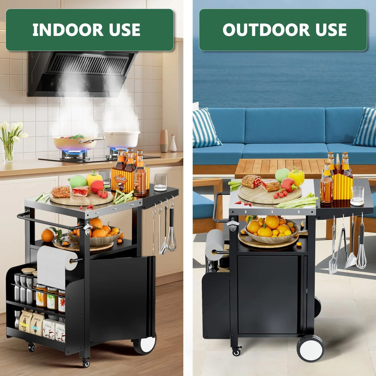 Outdoor Grill Cart Metal Storage Kitchen Island With Hooks - Omega Lifestyles