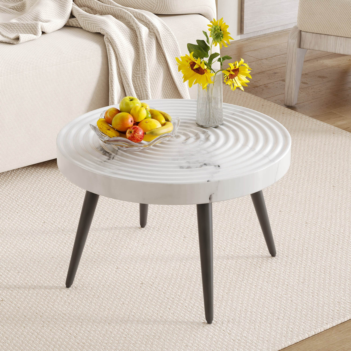White Marble Pattern Round MDF Metal Coffee Table - Sleep Galleria