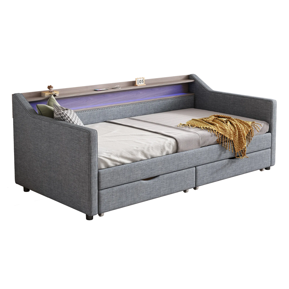 Twin Linen Upholstered Daybed Frame With Storage Drawers - Omega Lifestyles