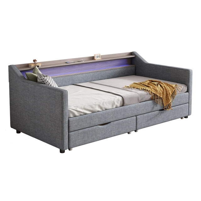 Twin Linen Upholstered Daybed Frame With Storage Drawers - Omega Lifestyles