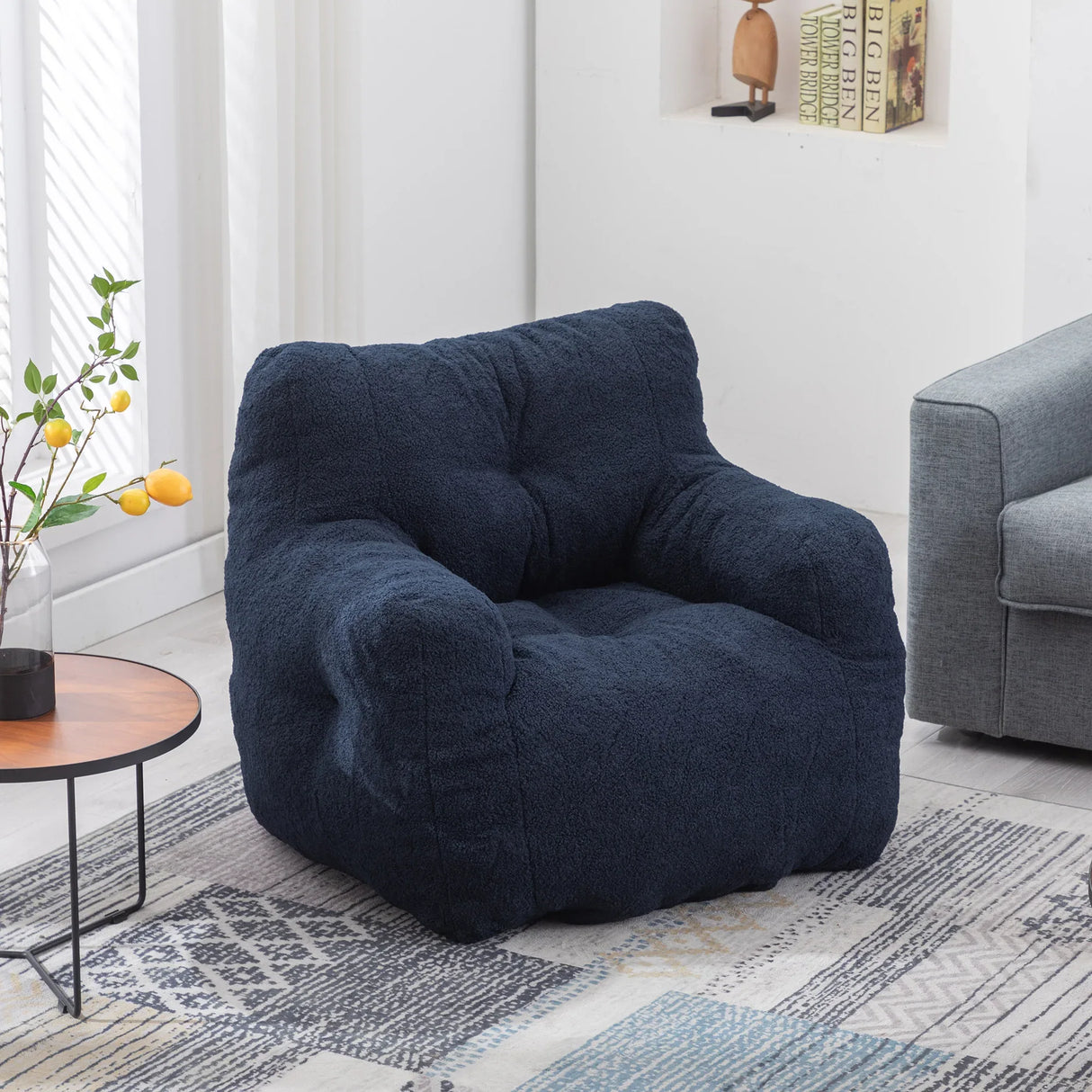 Soft Teddy Fabric Tufted Foam Bean Bag Chair Dark Blue - Omega Lifestyles